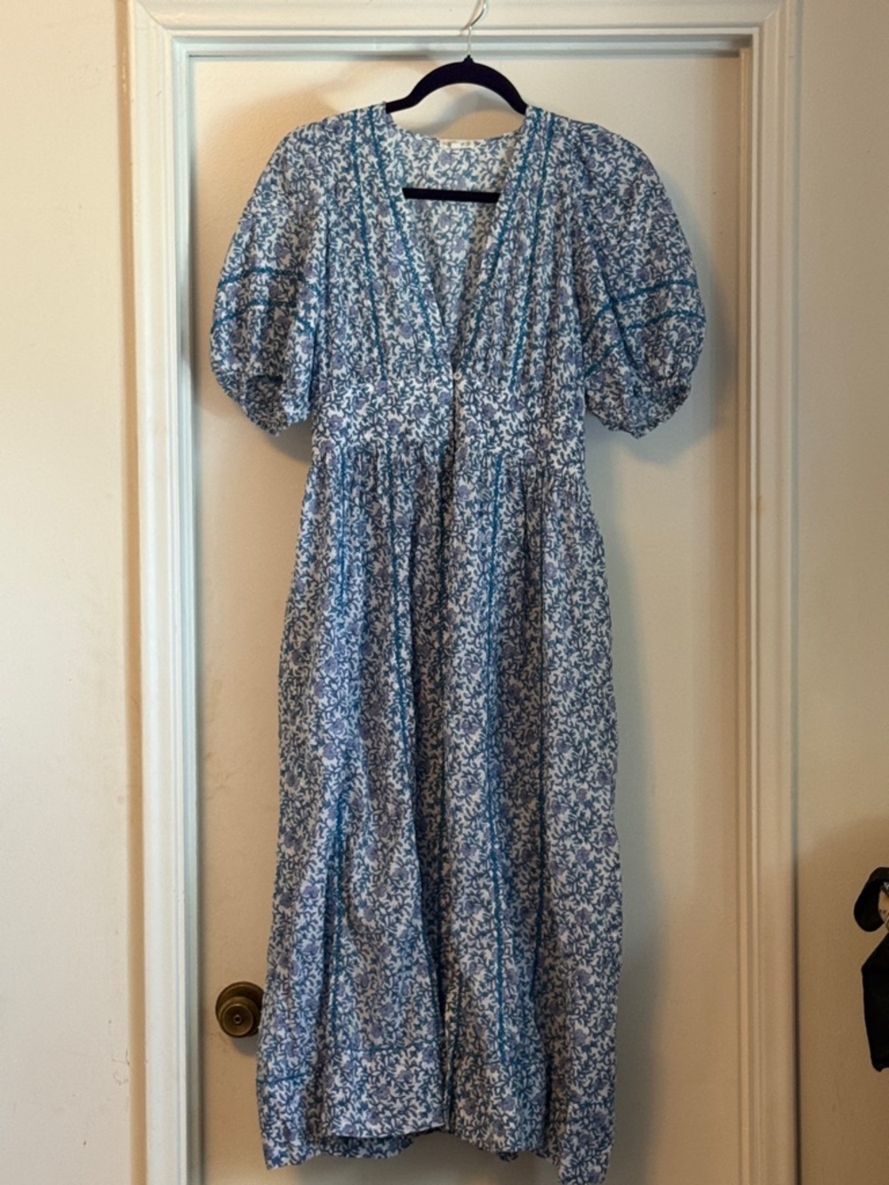 Poupette St. Barth Blue Floral Puff-Sleeve Midi Dress